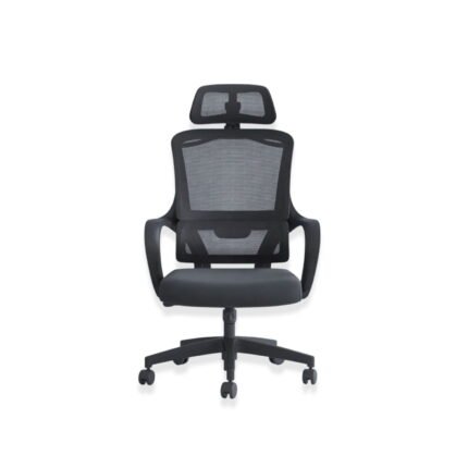 Direct front elevation of black ergonomic hanger director chair with adjustable headrest