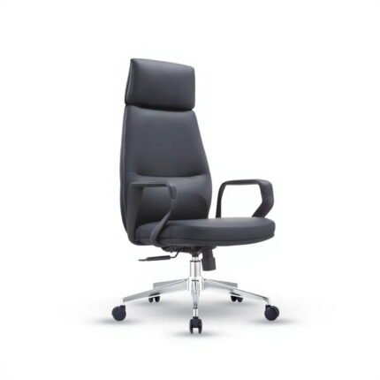 Angled view of black posture support director chair with dark upholstery and chrome base