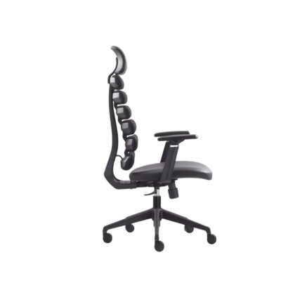 Side profile view of superior spine support director chair showing ergonomic curved ribbed backrest and adjustable armrests by Ultimate Designs Ltd