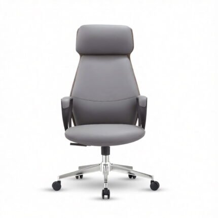Front view of grey soft edge leather director chair featuring high-back headrest and silver base
