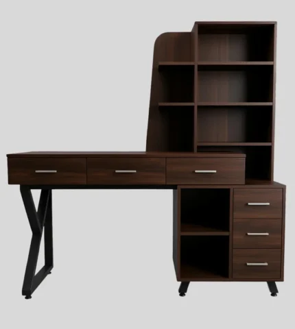 Dark walnut finish study desk with shelves and metal legs model UDL ST10