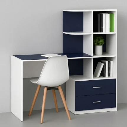 Navy blue and white dual tone study desk with attached shelving unit model UDL ST13