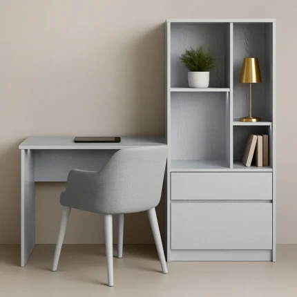 Light grey laminated board study desk with vertical shelves model UDL ST15