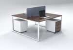 2 Person Open Workstation UDL OWS 825 dark walnut tabletop slate blue acoustic fabric screen white metal frame by Ultimate Designs Ltd