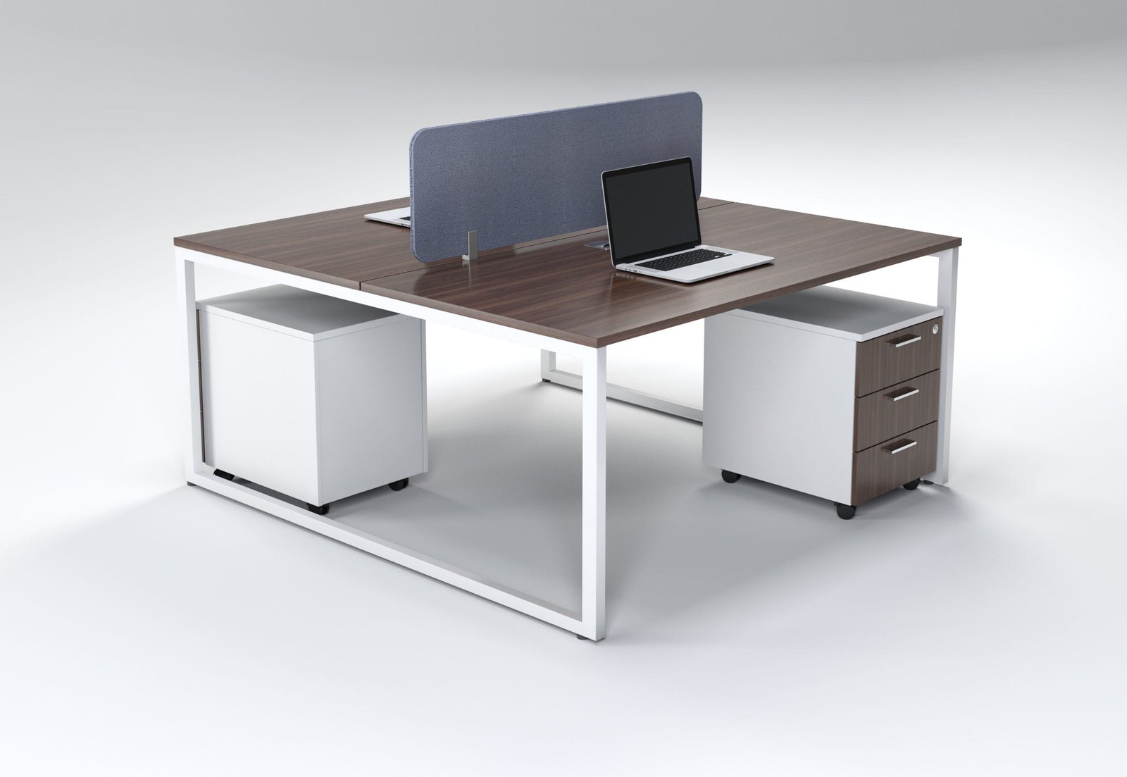 2 Person Open Workstation UDL OWS 825 dark walnut tabletop slate blue acoustic fabric screen white metal frame by Ultimate Designs Ltd