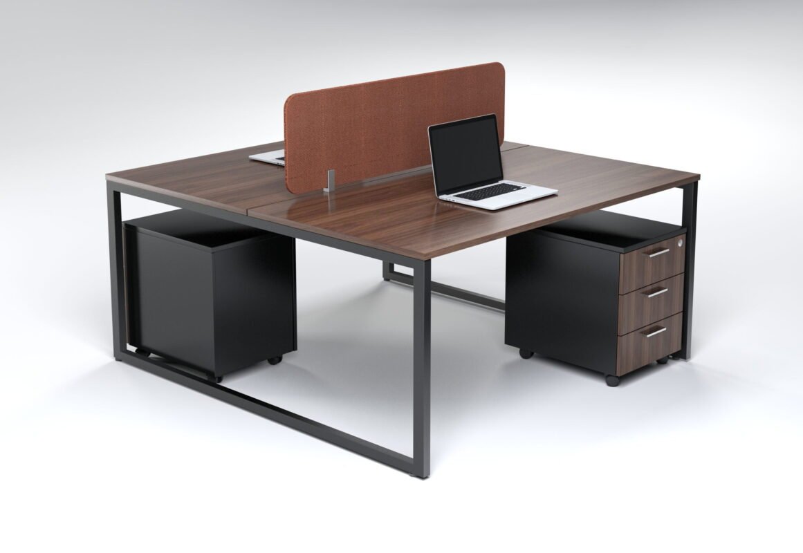 2 Person Open Workstation UDL OWS 825 dark walnut top terracotta orange fabric divider screen black steel loop legs by Ultimate Designs Ltd