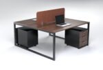 2 Person Open Workstation UDL OWS 825 dark walnut top terracotta orange fabric divider screen black steel loop legs by Ultimate Designs Ltd