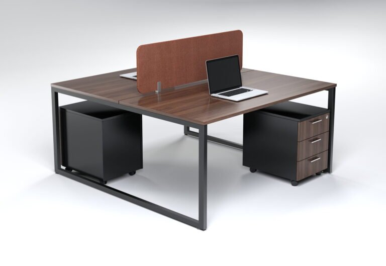 2 Person Open Workstation UDL OWS 825 dark walnut top terracotta orange fabric divider screen black steel loop legs by Ultimate Designs Ltd