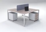 2 Person Open Workstation UDL OWS 825 light oak desktop slate blue fabric screen white metal loop legs by Ultimate Designs Ltd